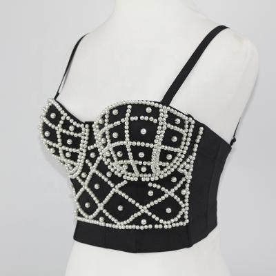 China Antibacterial Custom Fashion Cute Fantasy Embroidered Corset Black Culture Bustier Pearl Top Women for sale