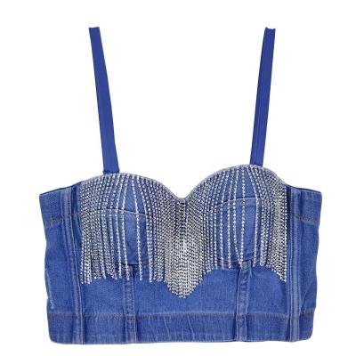 China QUICK DRY Crop Top Helter Blue Crop Jamper Rhinestone Fringe Rhinestone Girls Ladies Ladies Designers Top Design for sale