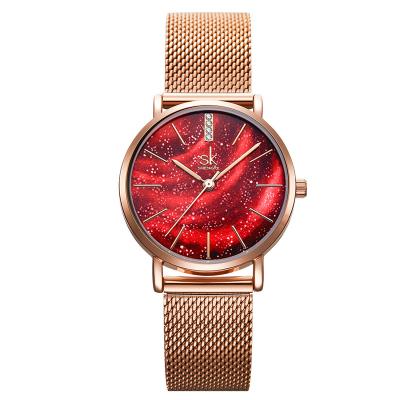 China Hot Selling Water Resistant SHENGKE Popular Rose Gold Mesh Bracelet Woman Wristwatch Watch Red Dial Quartz Watches K0103L for sale