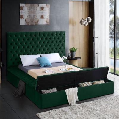 China Adjustable Luxury Bed Room Furniture Modern Design Factory Green Velvet (Full Size) Fabric Tufted Wooden Frame King Size Storage Bed for sale