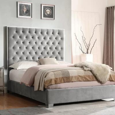 China European Luxury Diamond Carving Gray Velvet Fabric Adjustable Bedroom Furniture Cama(Full Size) Ornate View King Size Royal Bed For Hotel for sale