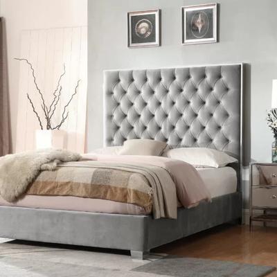 China European Luxury Diamond Carving Gray Velvet Fabric Adjustable Bedroom Furniture Cama(Full Size) Ornate View King Size Royal Bed For Hotel for sale