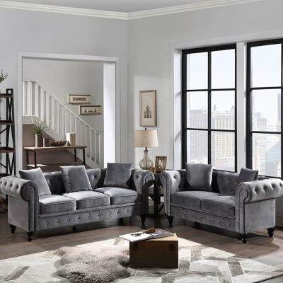 China Luxury Gray Velvet Fabric Chesterfield Button Convertible Living Room Adorned 5 Sofa Set Couch Living Room Modern Seater Furniture for sale