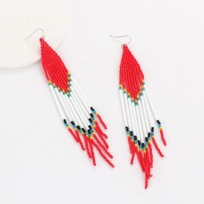 China Rhombus Bohemian Hand - Woven Bright Colors Seed Beaded Personality Rice Beads Extra Long Fringed Earrings for sale