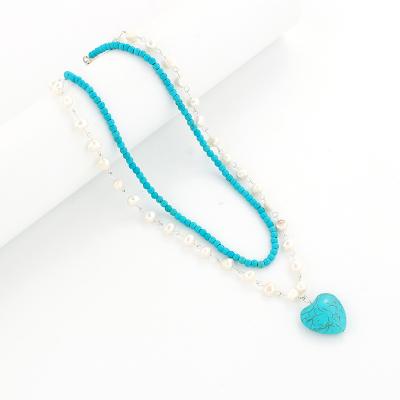 China Double Layer Heart Shape Punk Natural Stone Necklace With Pearl High Quality Natural Freshwater Necklace for sale