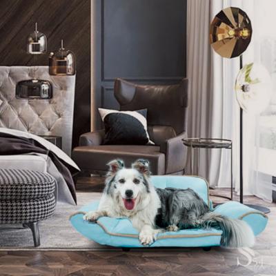 China Rigid heated pet bed with exclusive animal-friendly adjustable armrests and plush base, PU+PVC leather, easy to clean for sale