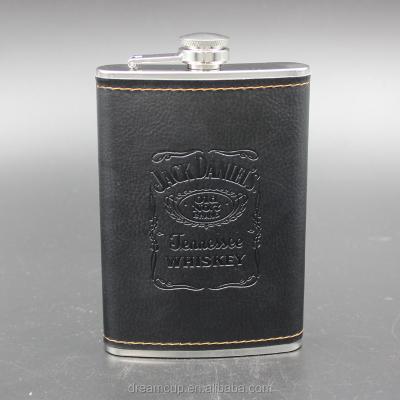 China Metal Logo Customized Embossed 9 Ounce Stainless Steel Hip Flask With PU Cover for sale