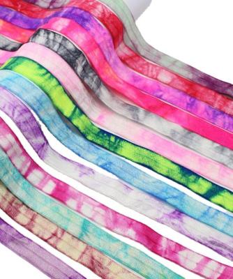 China 15mm Elastic Tie Dye Print Fold Over Elastic Ribbon For Hair Tie Strap Backpack Decoration Sewing Accessories for sale