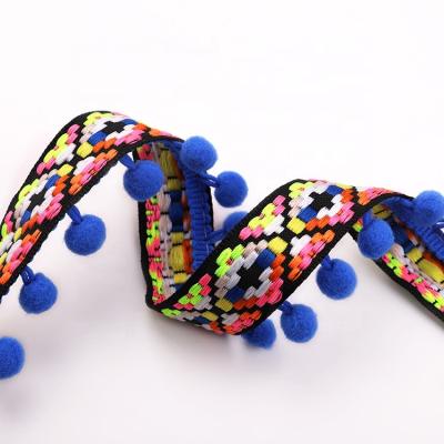 China Viable running lace embroidered jacquard webbing pom fringe ribbon with pom pom for apparel polyester webbing strap for sale