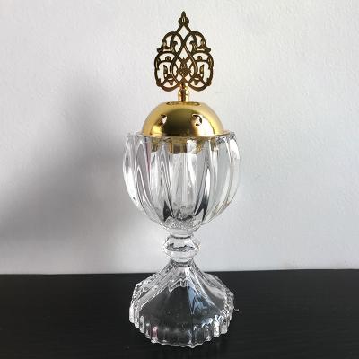 China Luxury Style Metal Censer Mubkhar Desktop Censer Arabic Arabian Burner Censer Crystal Oud Bakhoor Jar Glass for sale