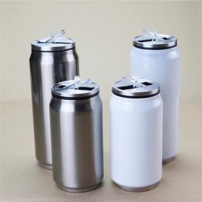 China Sustainable Sublimation Vacuum Cola Can Coke Can Shaped Stainless Steel Water Bottle Silver Straw 300ml 10oz Tumbler for sale