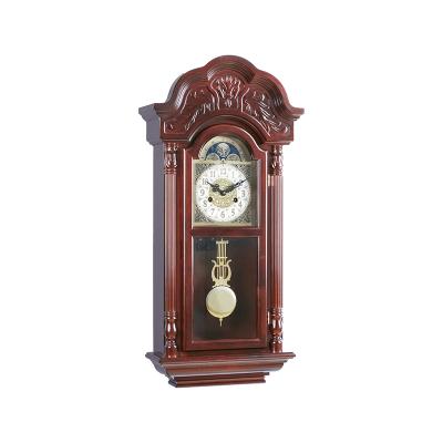 China Classical Style Durable Antique Decorative Pendulum Wooden Wall Clocks Winding Double Dial Moon Phase for sale