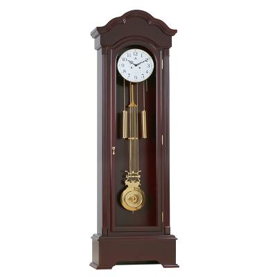 China Factory Direct Antique European Style Solid Wood Triple Rings Carved Floor Clock German Mechanical Movement for sale