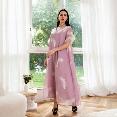 China Feather Embroidered Dress Middle East Mesh V-Neck Dress Fashion Celebrity Muslim Dress for sale