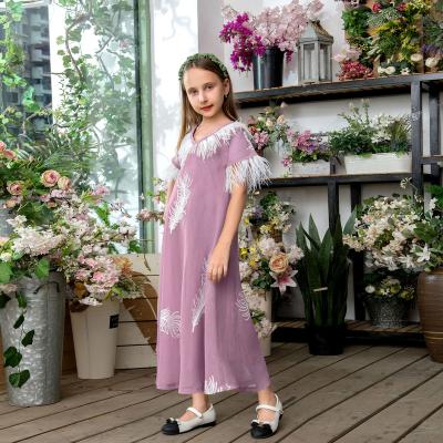 China Spring Autumn Fashion Islamic Floral Print Muslim Dress Spandex/Polyester Long For Girls Kids Arab Abayas Kids for sale