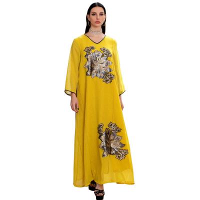 China Yellow Kaftan Abaya New Polyester Fiber Muslim Dresses For Modest Women Dubai Islamic Clothing for sale