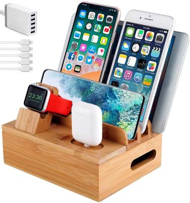 China Mobile Phone Watch Earphone Charging Multi-Functional Station Bamboo Left 5 Cables Organizer Built In 6 Chargers Multi USB Charger for sale