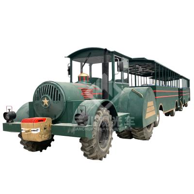 中国 Large Steam Engine Outdoor Beach Equipment Amusement Park Tourist Trackless Train Rides 28 Seats 販売のため