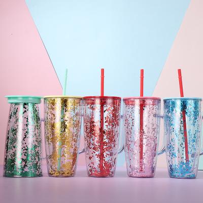 China 750ML Double Wall Viable Wedding Glitter Tumblers Acrylic Bride Groom Souvenir Plastic Cup With Handle for sale