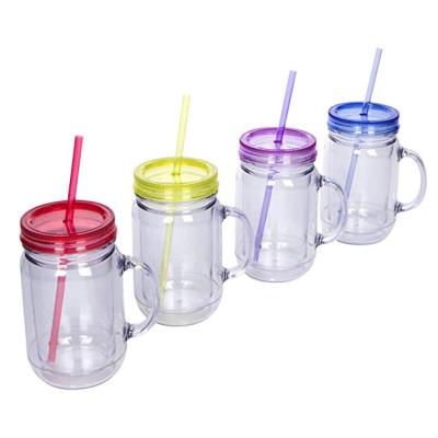 China Custom Logo Colored Mason Jars Viable 16 oz Width Plastic Mouth Drinks Cup with Handle Lid Straw for sale