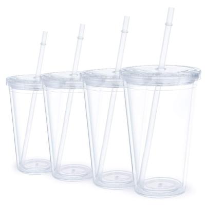 China Sustainable Reusable Plastic Acrylic Clear Double Wall Tumbler Cup 16oz With Reusable Lid Straw for sale