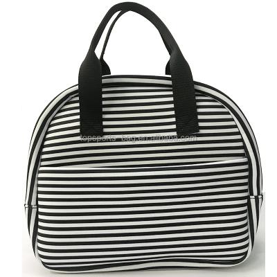 China Striped Waterproof Neoprene Lunch Bag For Women With Zippered Closure And Outside Zipper Pocket for sale