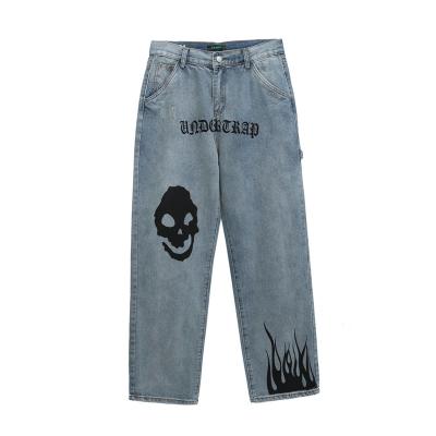 China QUICK DRY Jeans Skull Print Instagram Style Straight Leg Mens Jeans for sale