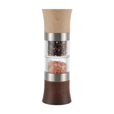 China Viable Beech 2 in 1 Dual Grinder Ceramic Burr Spice and Herb Mill Manual Salt and Pepper Grinder Wood for sale