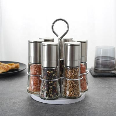 China Amazon Viable Hot Sale High Quality Spice Grinding and Herb Stainless Steel Salt and Pepper Grinder /Mill Set of 6 with Stand for sale