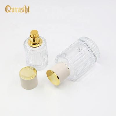 China Vertical Stripe Cosmetic Circular 30ml Screw Glass Perfume Bottle for sale