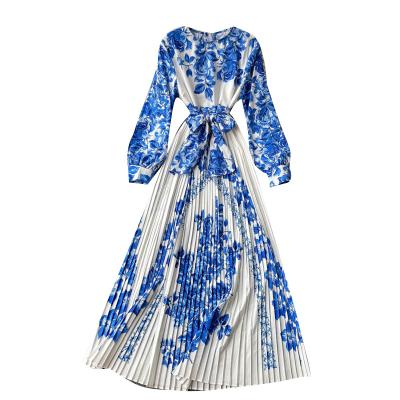 China New Viable Trend Vintage Porcelain Printed Round Collar Tie Waist Slim Pleated Show Dress for sale