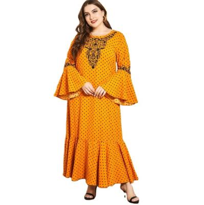 China 2020 Anti-Static New Embroidery Flared Sleeve Muslim Women's Long Skirt Yellow Dots Pleated Muslim Kaftan for sale