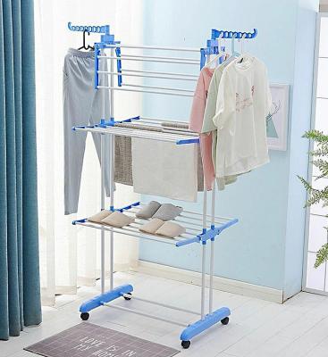 China Minimalist 4 Tiers Stainless Steel Drying Rack Stand Indoor and Outdoor Metal Laundry Rack Blue Gray Clothes Drying Rack for sale