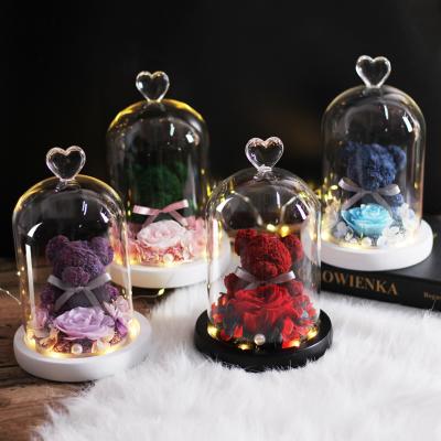 China Valentine Day Gift YB Wedding Decoration Wholesale Valentine Day Gift Handmade Flower Led Light Glass Bottle Preserved Rose Bear for sale