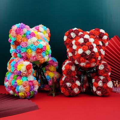 China YB Valentine Day Gift Handmade Artificial Rose Flower Birthday Decorations Multicolored Valentine's Day 40cm Teddy Bear Rose Bear for wedding for sale