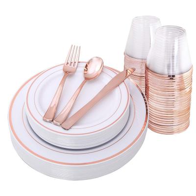 China Disposable Disposable Plastic Dishes Rose Gold Lace Design Party Rose Gold Disposable Plates for sale