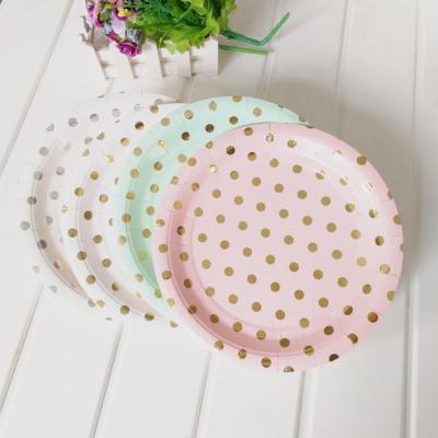 China 9inch Disposable Custom Printed Gold Dot Kids Birthday Party Disposable Silver Round Cake Paper Plates for sale