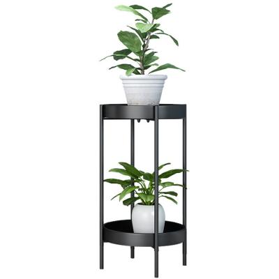 China 2 Tier Balcony Garden Wooden Plant Stand Bohemian Modern Tall Black Metal Frame Flower Stands for sale