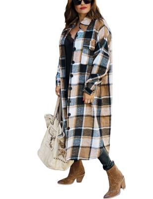 China Good Quality Anti Shrink Ladies Casual Plaid Long Shirt Loose Fit Button Down Long Lapel Gap Coat Jackets for sale