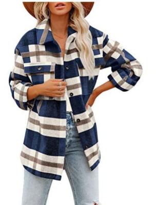 China 2021 Wholesale Blend Plaid Wool Ladies Shackets Lapel Button Jackets Anti Shrink Casual Loose Coats With Pockets for sale