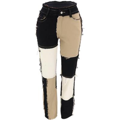 China New Breathable Patchwork Jeans High Waist Stretch Leg Stretch Fringed Colorblock Denim Pants Women Jeans Pants for sale