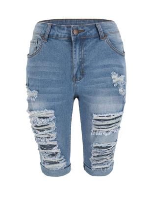 China New Fashion Sustainable Jeans Pants Denim Cropped Pants Girl Jeans Ripped Light Blue Pants for sale