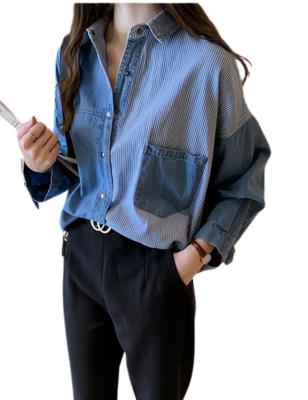 China Breathable Women's Denim Casual Shirts Sheath Long Button Down Striped Patchwork Jean Blouse Tops Blue for sale