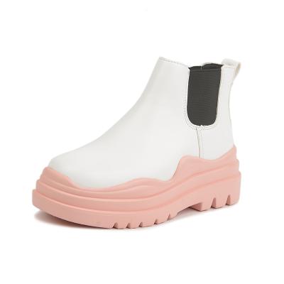 China Lady Genuine Leather High Heel Pink And White Round Durable Ankle Booties Flat Women's Black Chunky Shoes for sale