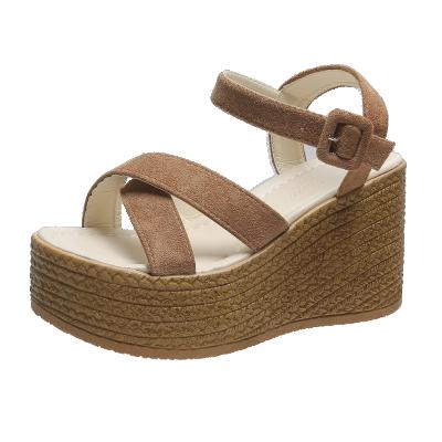 China Fashion Trend Summer Sandals Large Size Women Shape Stunning High Heels Platform Wedges Sandals 9cm Straw Woven Thick-soled Female Shoes Pumps for sale