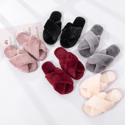 China Lightweight Winter Home Slippers Shoes Ladies Cross Soft Plush Hairy Female Open Toe Indoor Slippers For Women Faux Fur Warm Slippers for sale