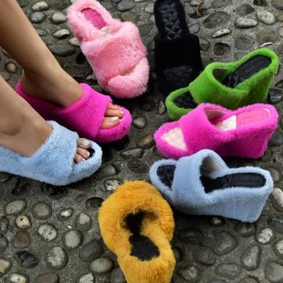 China Fashion Peep Toe Straw 10cm Anti-Slip Platform Wedge Mules For Women And Ladies Slippers Plush Wedge Platform Slippers for sale