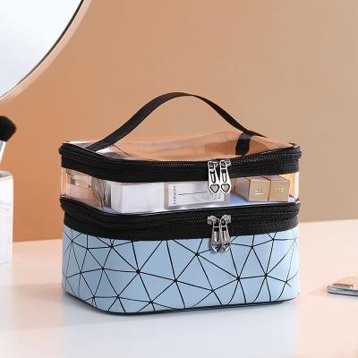 China New Women Double Layers Large Capacity Waterproof Travel Cosmetic Bag Eco-friendly Plaid Cosmetic Bag For Ladies for sale