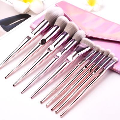 China Angular Blush Women 10 Professional Makeup Brushes Girls Daily Eyeshadow Metal Handle Pink Makeup Brushes for sale