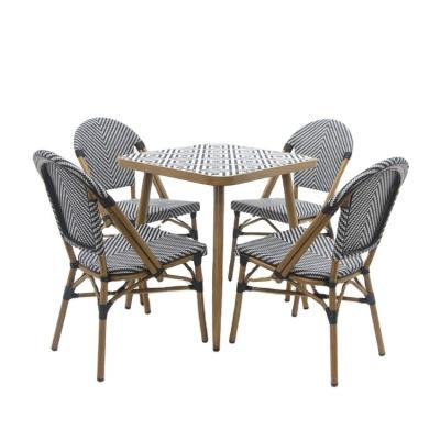 China Factory Sale New Modern Garden Sets PVC Mesh Textilener Fabric Aluminum Bamboo Dining Stacking Chairs And Outdoor Table Patio Furniture for sale